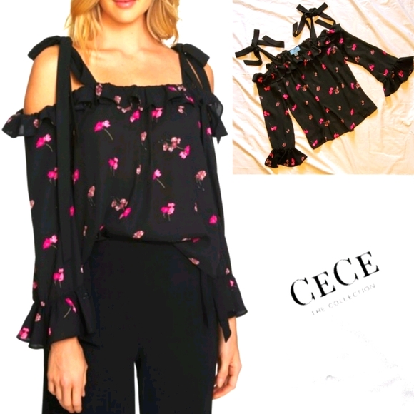 CeCe Tops - CeCe confetti tie shoulder black floral ditsy top